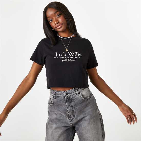 Jack Wills Eccleston Crop T-Shirt Черно Дамски тениски с яка