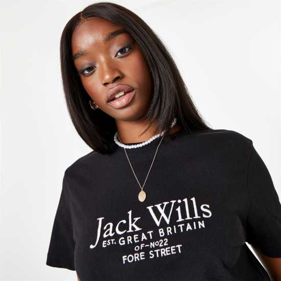 Jack Wills Eccleston Crop T-Shirt Черно Дамски тениски с яка