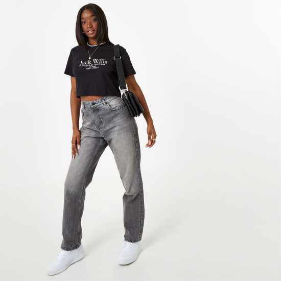 Jack Wills Eccleston Crop T-Shirt Черно Дамски тениски с яка