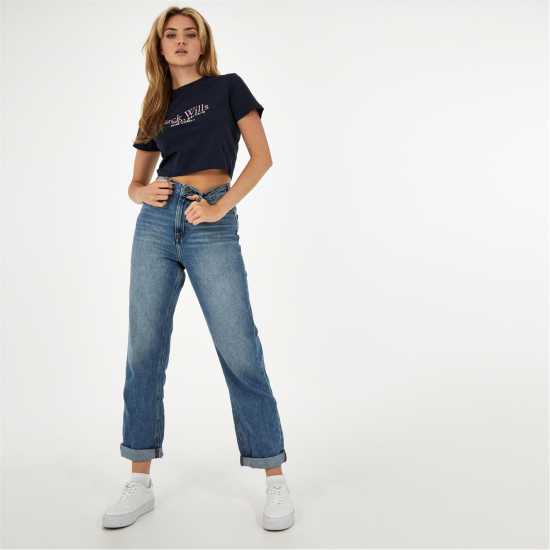 Jack Wills Eccleston Crop T-Shirt Морска синьо Дамски тениски с яка