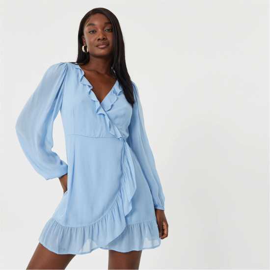 Jack Wills Wrap Frill Mini Dress Бледо синьо Дамски поли и рокли