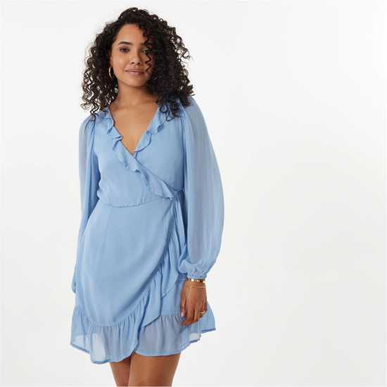 Jack Wills Wrap Frill Mini Dress Бледо синьо Дамски поли и рокли