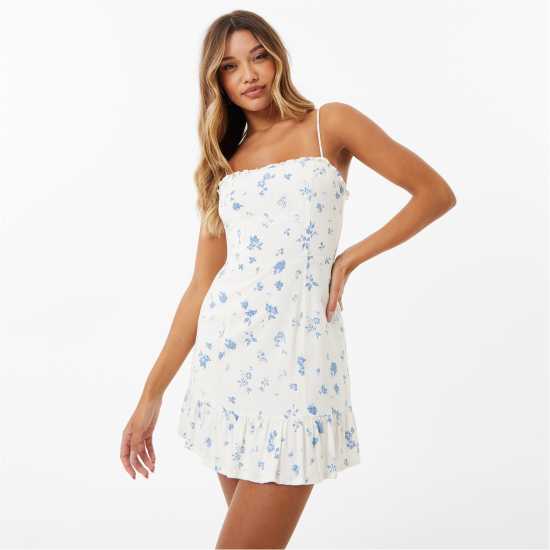 Jack Wills Ruffle Hem Mini Dress White Print Дамски поли и рокли