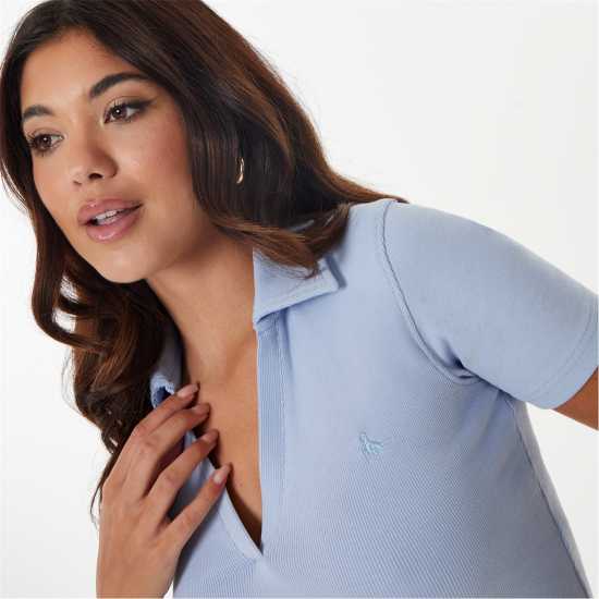 Jack Wills Ribbed Open Collar Tee Меко синьо Дамски тениски с яка