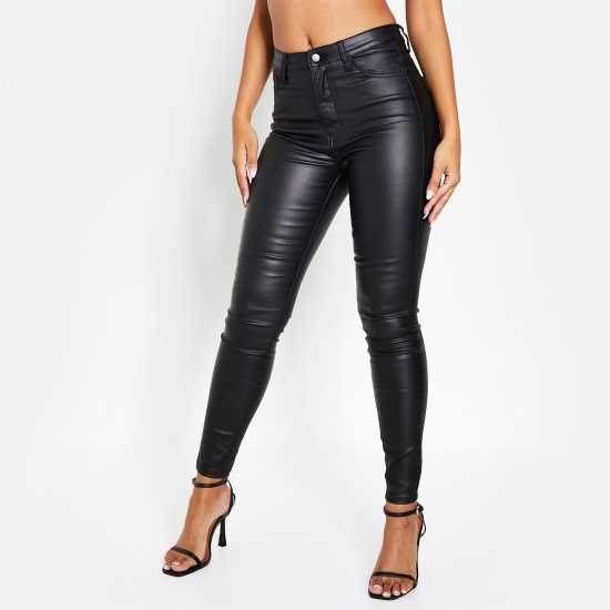 Вталени Дънки I Saw It First High Waisted Pocket Coated Skinny Jeans Black Дамски дънки