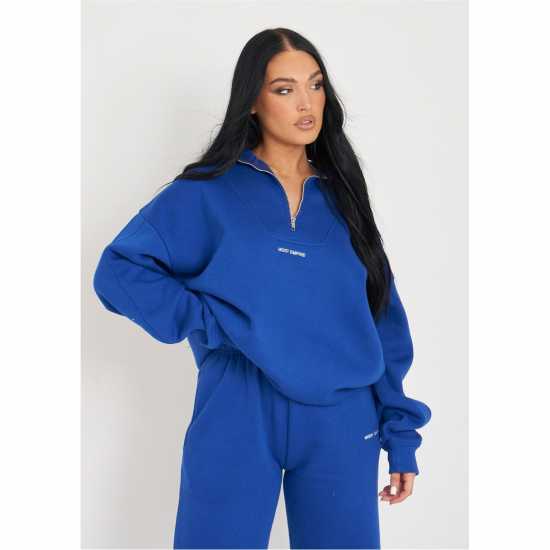 Missy Empire Cobalt Blue Embroidered Half Zip Oversized Sweatshirt  Дамски пуловери