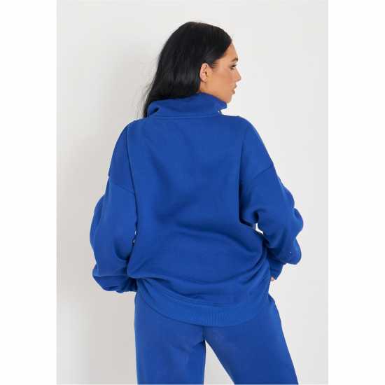 Missy Empire Cobalt Blue Embroidered Half Zip Oversized Sweatshirt  Дамски пуловери