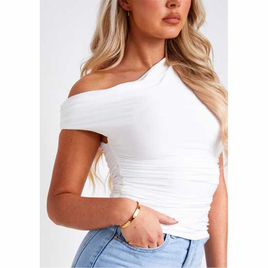 Missy Empire Lidia White Super Soft Off The Shoulder Top Бяло Дамски тениски с яка