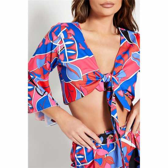 I Saw It First Printed Knot Front Flared Sleeve Top  Дамски тениски с яка