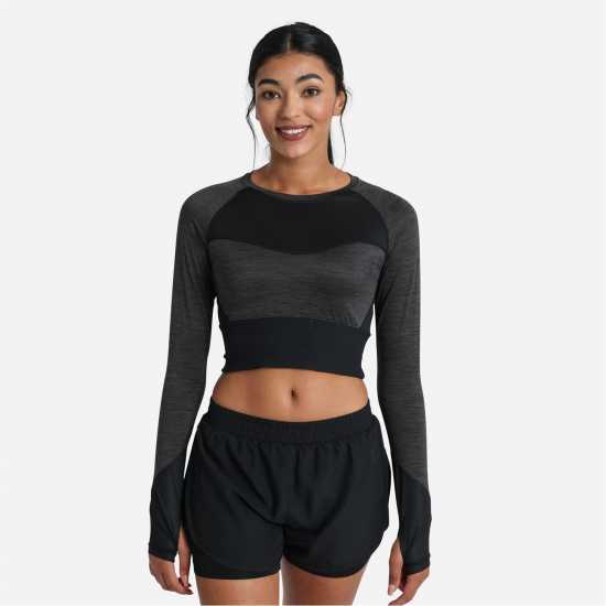 Umbro Pro Training Long-Sleeved Crop Top Черно марл Дамски тениски с яка