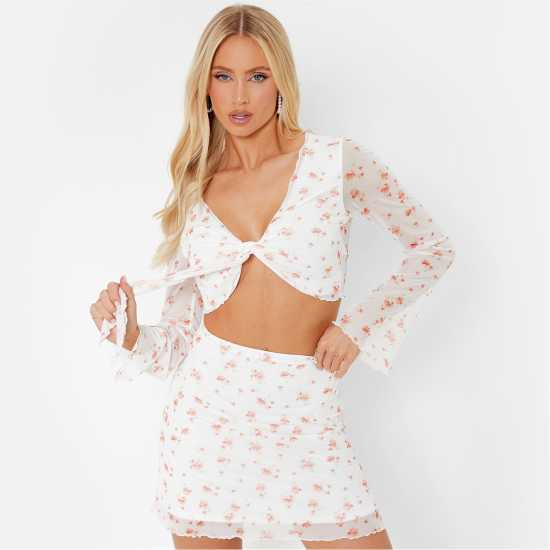 I Saw It First Floral Print Mesh Tie Front Crop Top  Дамски тениски с яка