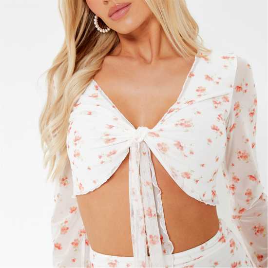 I Saw It First Floral Print Mesh Tie Front Crop Top  Дамски тениски с яка