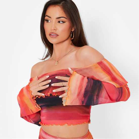 I Saw It First Printed Mesh Ruffle Crop Top Co-Ord  Дамски тениски с яка