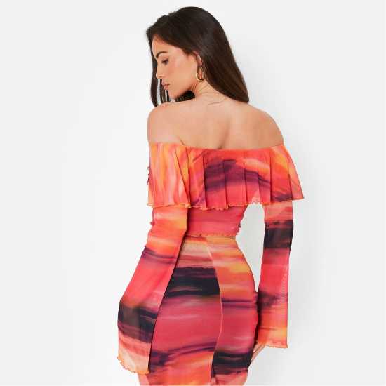 I Saw It First Printed Mesh Ruffle Crop Top Co-Ord  Дамски тениски с яка