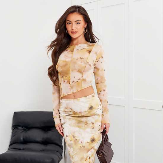 I Saw It First Floral Print Exposed Seam Sheer Mesh Top Co-Ord  Дамски тениски с яка