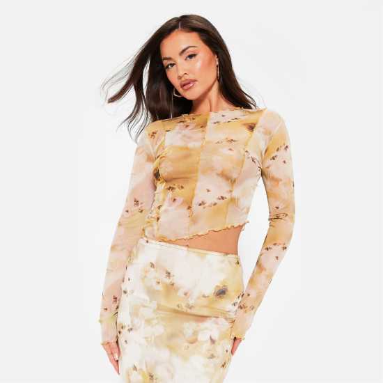 I Saw It First Floral Print Exposed Seam Sheer Mesh Top Co-Ord  Дамски тениски с яка