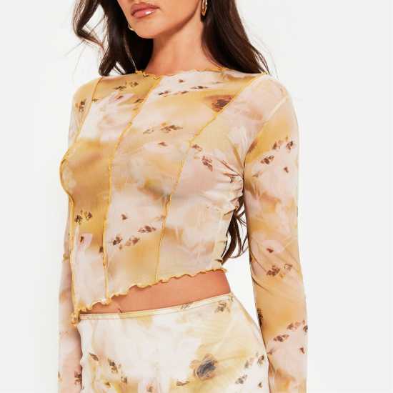 I Saw It First Floral Print Exposed Seam Sheer Mesh Top Co-Ord  Дамски тениски с яка