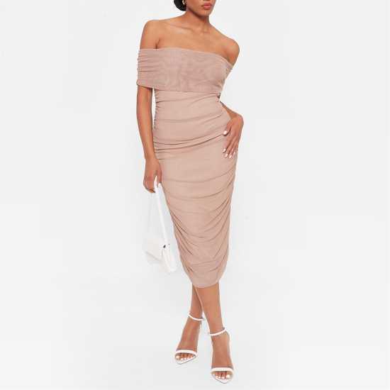 I Saw It First Mesh Bardot Ruched Midaxi Dress Камил Дамски поли и рокли