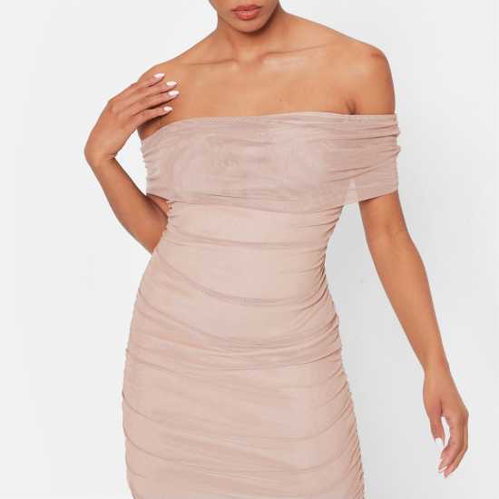 I Saw It First Mesh Bardot Ruched Midaxi Dress Камил Дамски поли и рокли