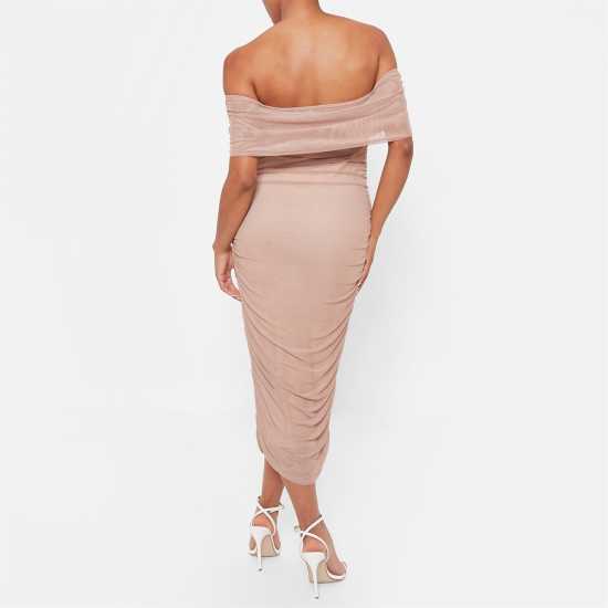 I Saw It First Mesh Bardot Ruched Midaxi Dress Камил Дамски поли и рокли