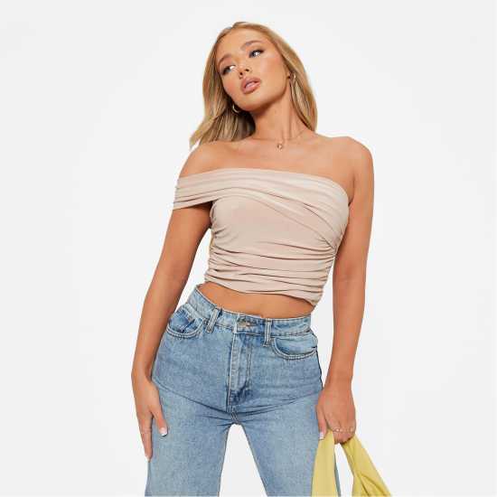 I Saw It First One Shoulder Drape Double Layered Crop Top КАМЪК Дамски тениски с яка