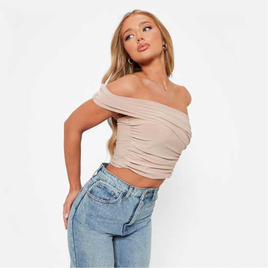 I Saw It First One Shoulder Drape Double Layered Crop Top КАМЪК Дамски тениски с яка