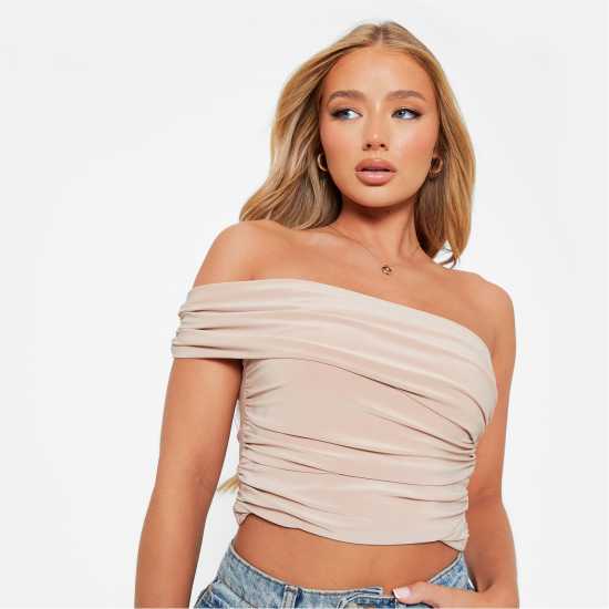 I Saw It First One Shoulder Drape Double Layered Crop Top КАМЪК Дамски тениски с яка