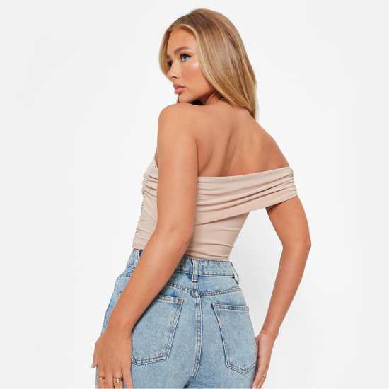 I Saw It First One Shoulder Drape Double Layered Crop Top КАМЪК Дамски тениски с яка