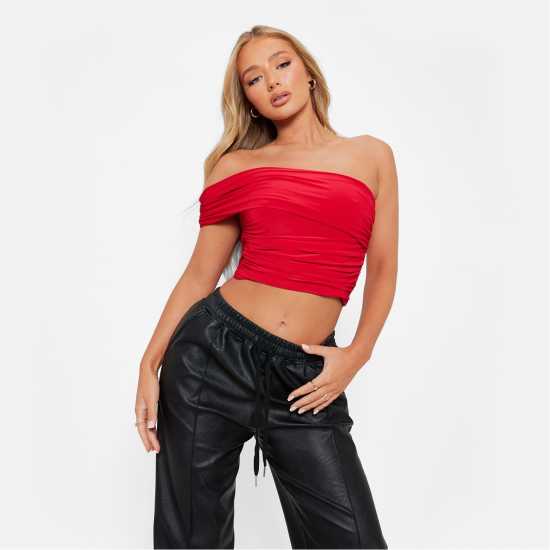 I Saw It First One Shoulder Drape Double Layered Crop Top ЧЕРВЕНО Дамски тениски с яка