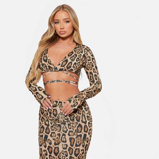 I Saw It First Leopard Print Tie Front Crop Top Co-Ord  Дамски тениски с яка