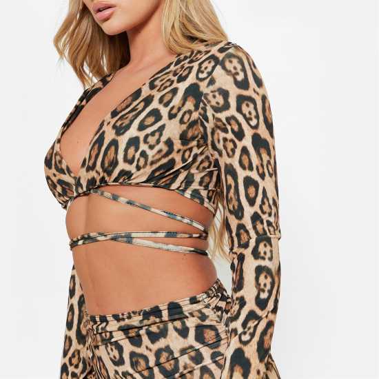 I Saw It First Leopard Print Tie Front Crop Top Co-Ord  Дамски тениски с яка