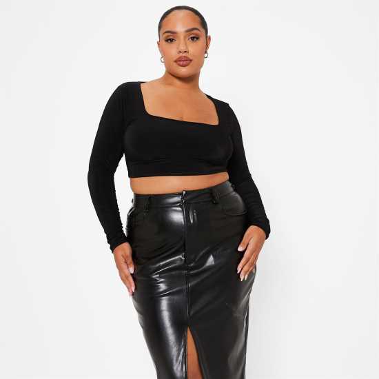 I Saw It First Double Layered Square Neck Slinky Crop Top Черно Дамски тениски с яка