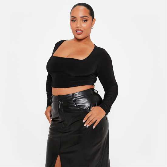 I Saw It First Double Layered Square Neck Slinky Crop Top Черно Дамски тениски с яка