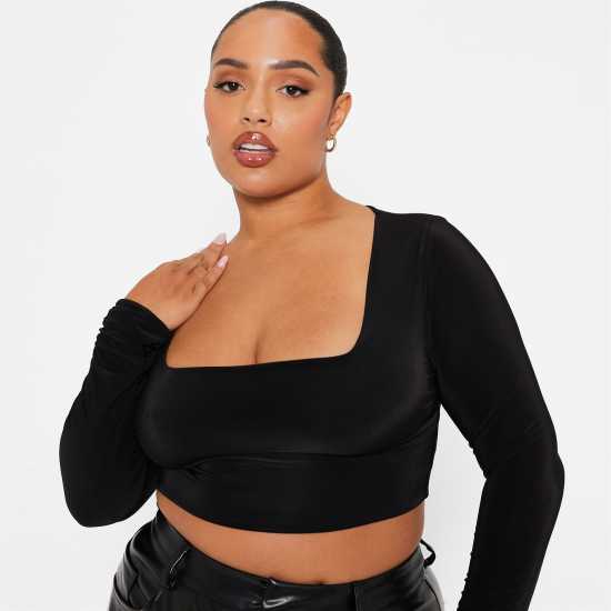 I Saw It First Double Layered Square Neck Slinky Crop Top Черно Дамски тениски с яка