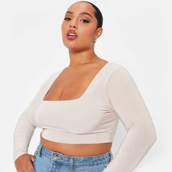 I Saw It First Double Layered Square Neck Slinky Crop Top Пясък Дамски тениски с яка