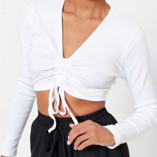 Топ С Ластично Деколте I Saw It First Ruched Front Rib Crop Top  Дамски тениски с яка