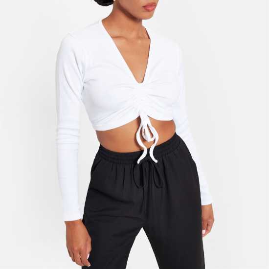 Топ С Ластично Деколте I Saw It First Ruched Front Rib Crop Top  Дамски тениски с яка