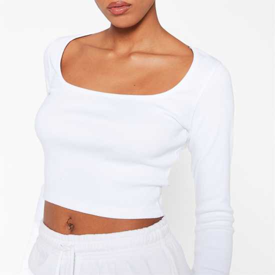 Топ С Ластично Деколте I Saw It First Square Neck Rib Crop Top  Дамски тениски с яка