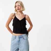 Jack Wills Frill Cami Top Черно Дамски тениски с яка