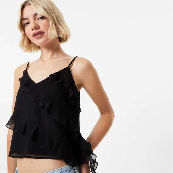 Jack Wills Frill Cami Top Черно Дамски тениски с яка