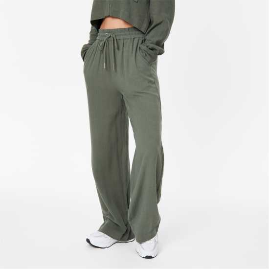 Jack Wills Linen Blend Wide Leg Trousers Хаки Дамско облекло плюс размер