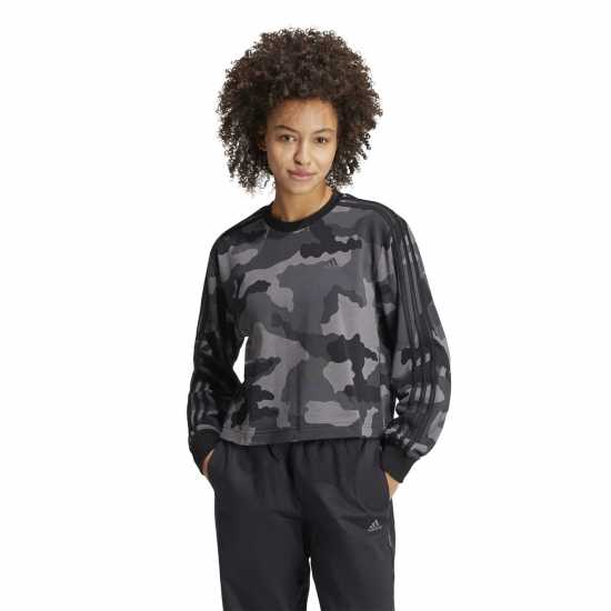 Adidas Essentials 3-Stripes Camo-Print Cropped Sweatshirt Womens Черно Дамско облекло плюс размер