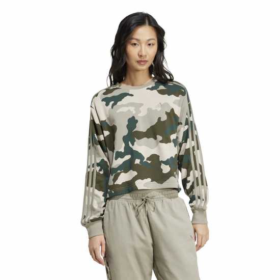 Adidas Essentials 3-Stripes Camo-Print Cropped Sweatshirt Womens Сребристо Камък Дамско облекло плюс размер