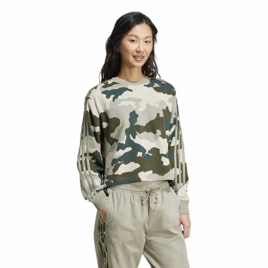 Adidas Essentials 3-Stripes Camo-Print Cropped Sweatshirt Womens Сребристо Камък Дамско облекло плюс размер