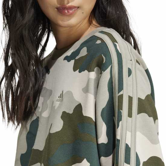 Adidas Essentials 3-Stripes Camo-Print Cropped Sweatshirt Womens Сребристо Камък Дамско облекло плюс размер