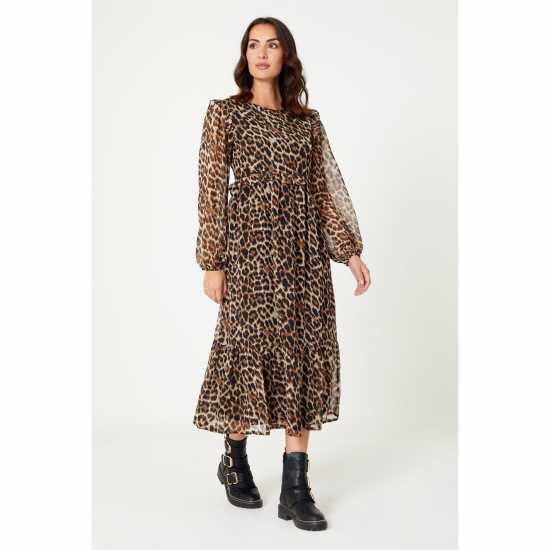 Средна Рокля Be You Frill Animal Print Chiffon Midi Dress  Дамски поли и рокли