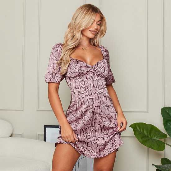 I Saw It First Puff Sleeve Satin Skater Mini Dress РОЗОВА ЗМИЯ Дамски поли и рокли