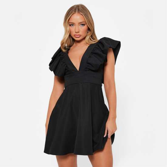 I Saw It First Plunge Frill Sleeve Woven Mini Dress  Дамски поли и рокли